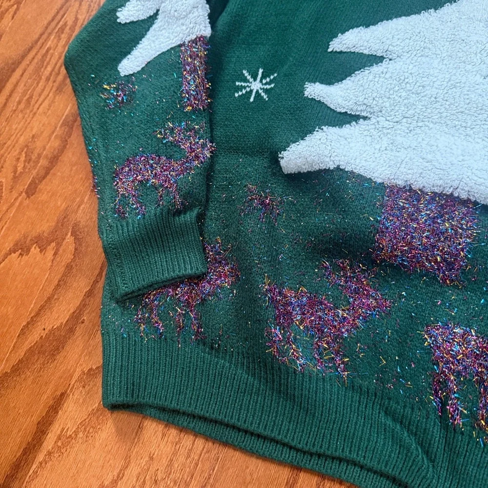 Christmas Tree Reindeer Sweater Green Sparkling Winter Scene Holiday Knit_7